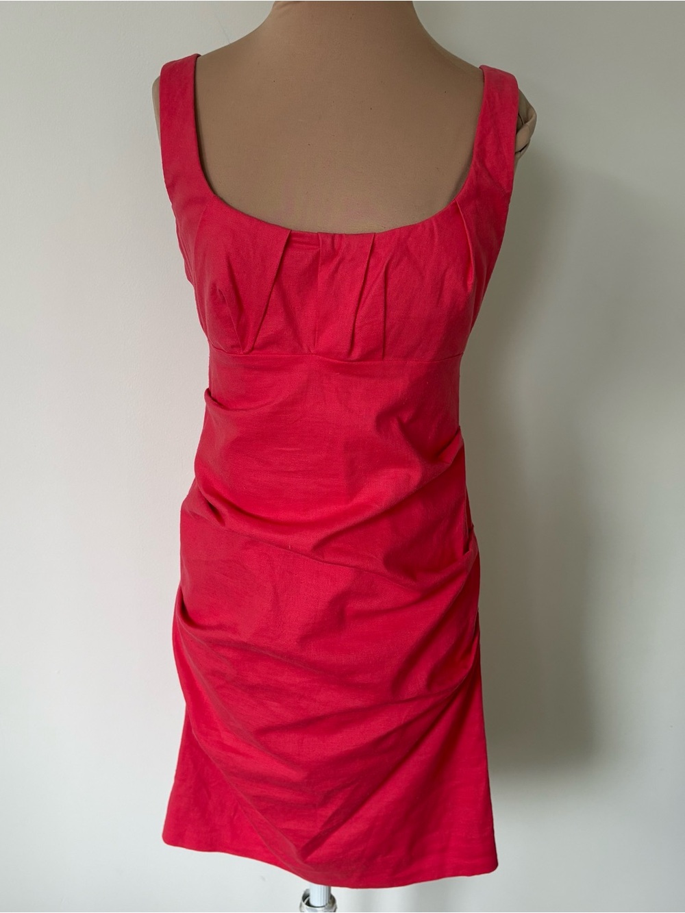 Nicole Miller Studio Stretch Linen Watermelon Pink Ruched Sheath Dress EUC Sz 6